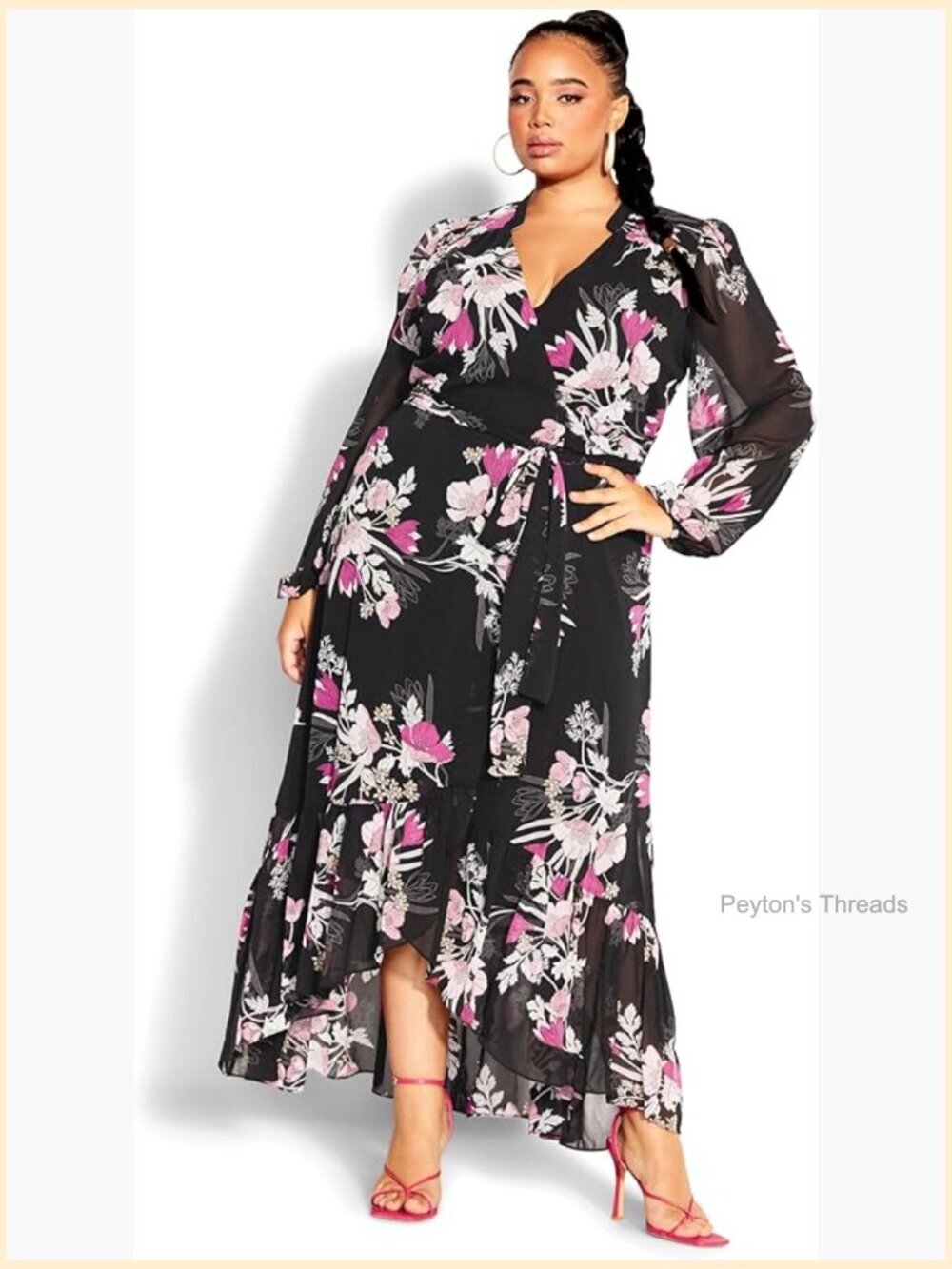 Plus Size Maxi Dress with Sheer Puff Sleeves and Wrap Closure